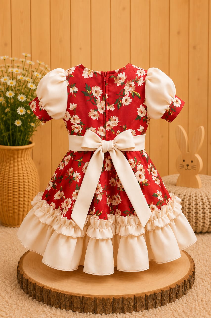 Vestido Huasita Chinita Lazo Beige & Rojo