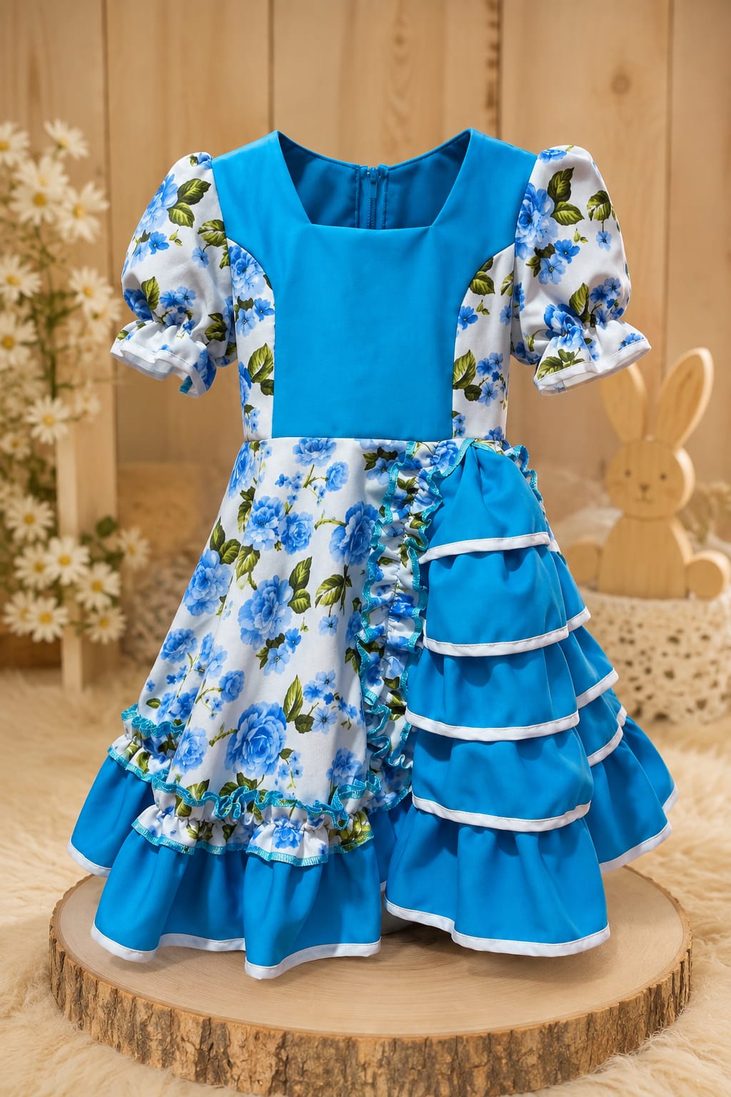 Vestido Huasita Chinita Corset  Celeste & Blanco