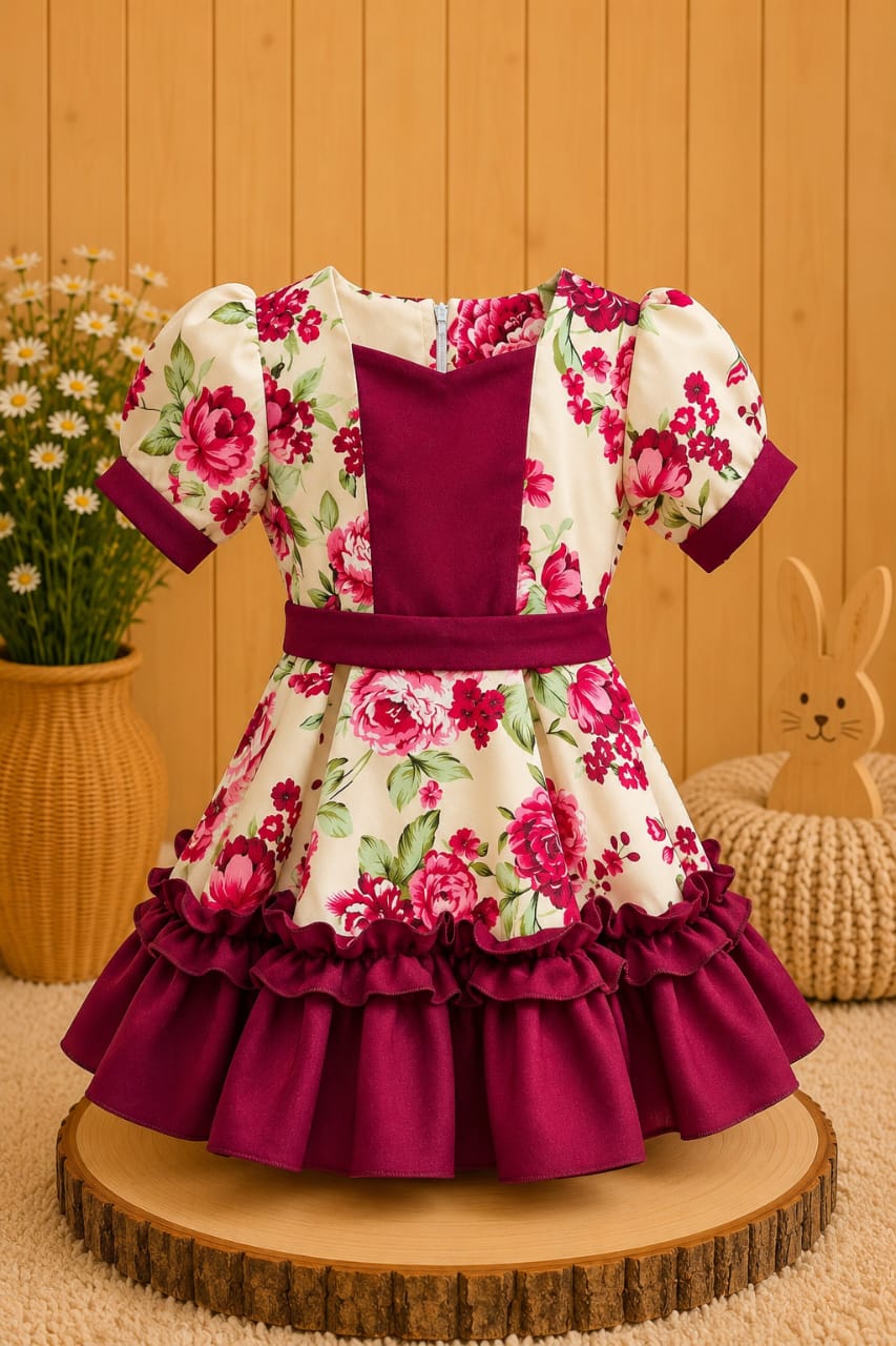 Vestido Huasita Chinita Lazo Burdeo & Crema