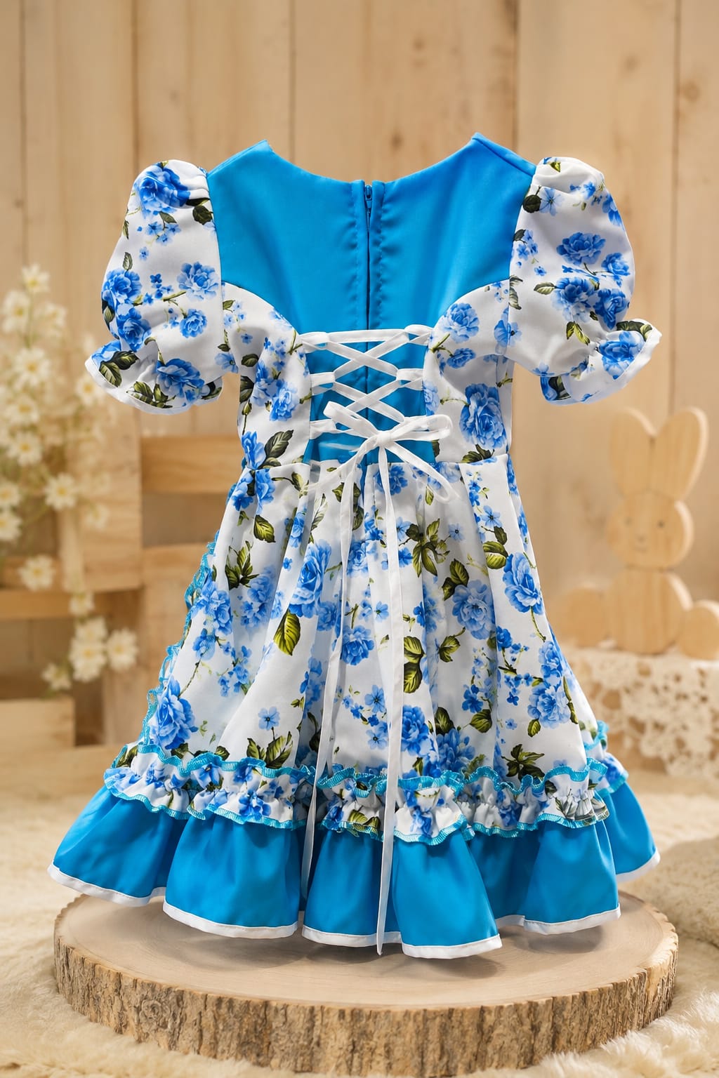 Vestido Huasita Chinita Corset  Celeste & Blanco