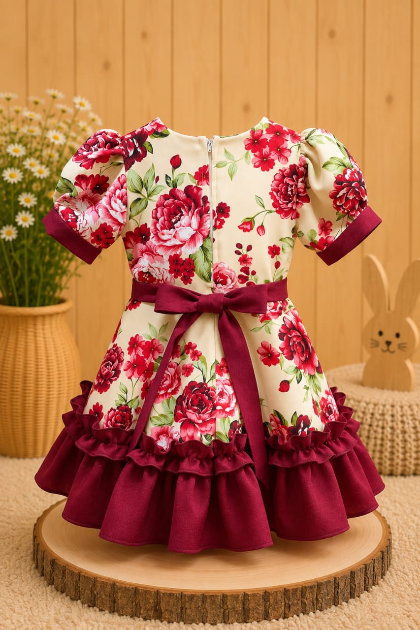 Vestido Huasita Chinita Lazo Burdeo & Crema