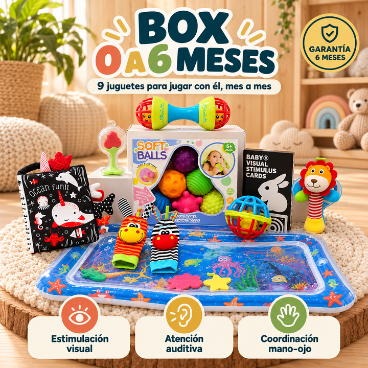 Box 0 a 6 meses: los 9 juguetes del box sobre la alfombra de agua