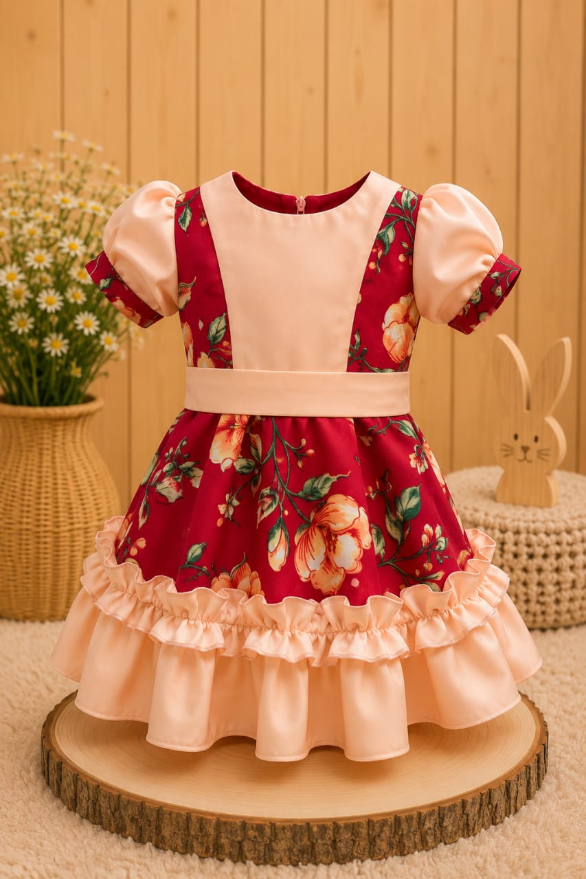 Vestido Huasita Chinita Lazo Damasco & Rojo