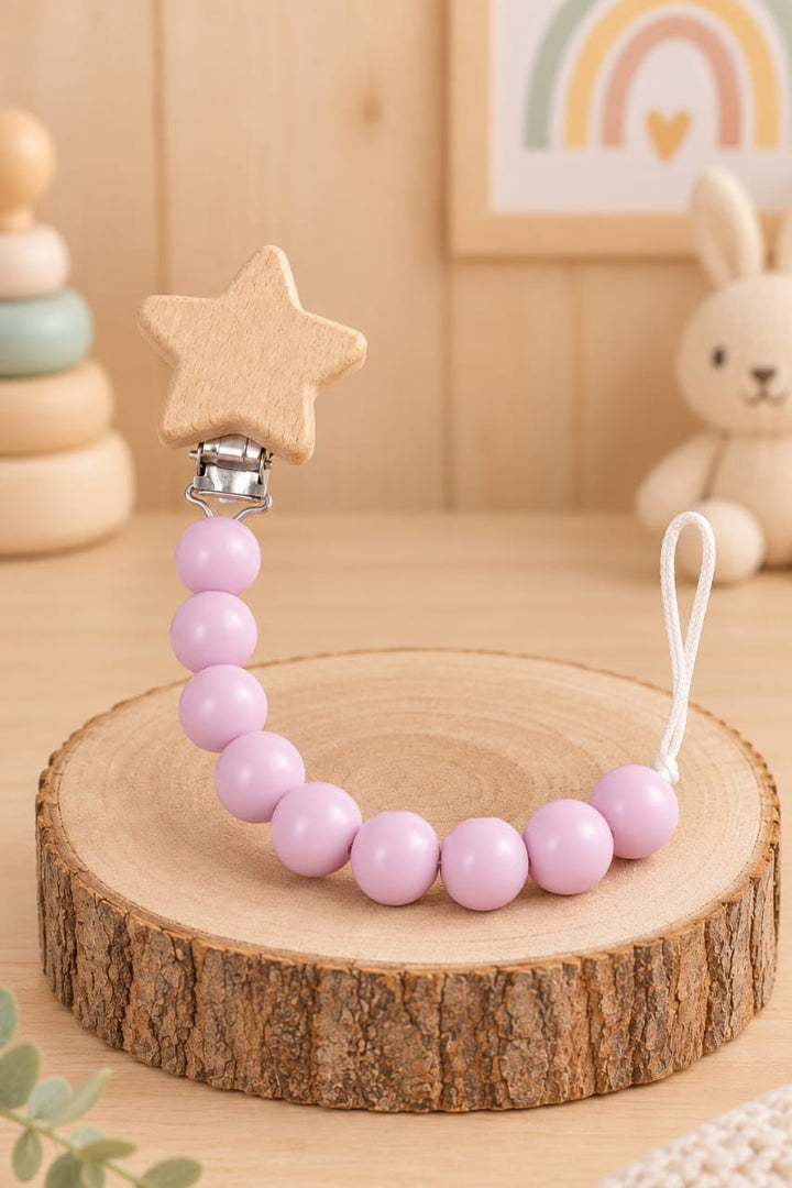 Porta Chupetes de Silicona y Madera Estrella