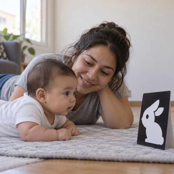 Bebé boca abajo, despierto, con su mamá, mirando una tarjeta de contraste