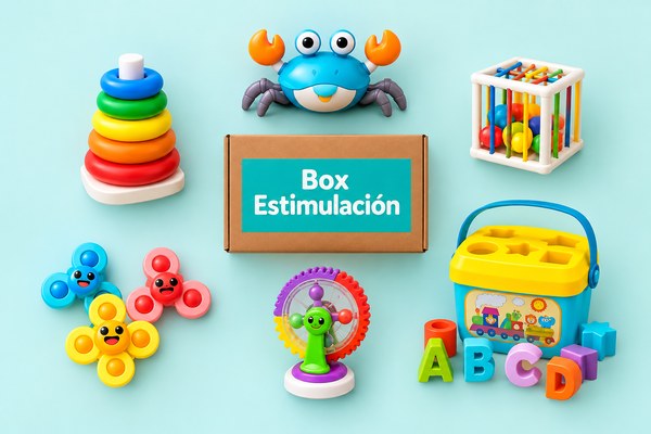 Los 6 juguetes estimulantes del box, alrededor de su caja [variante: Marina]
