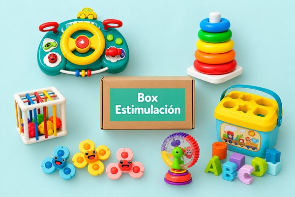 Los 6 juguetes estimulantes del box, alrededor de su caja [variante: Urbana]