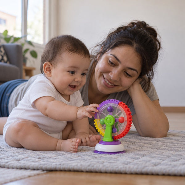 Bebé sentado mira girar la rueda giratoria, con su mamá al lado