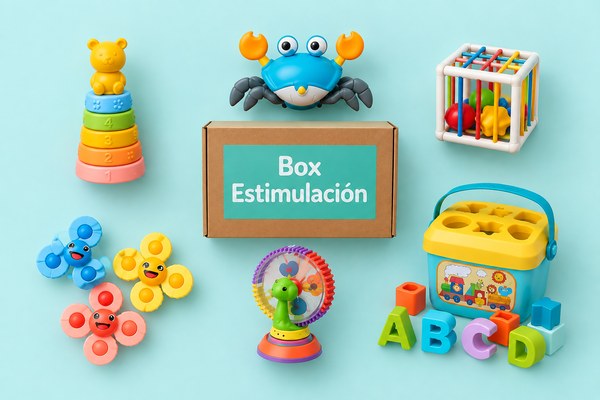 Los 6 juguetes estimulantes del box, alrededor de su caja [variante: Marina Apilable]