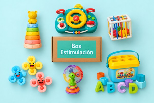 Los 6 juguetes estimulantes del box, alrededor de su caja [variante: Urbana Apilable]