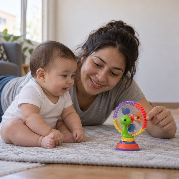 Bebé sentado mira girar la rueda giratoria, con su mamá al lado