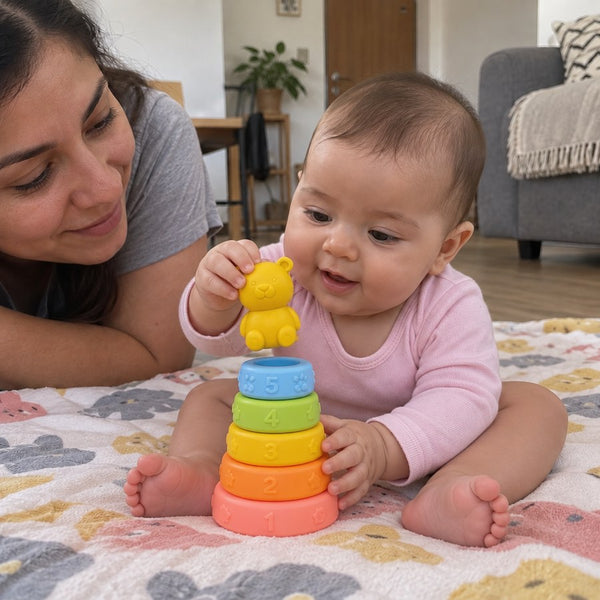 Bebé sentado saca una pieza de la torre del osito, con su mamá al lado