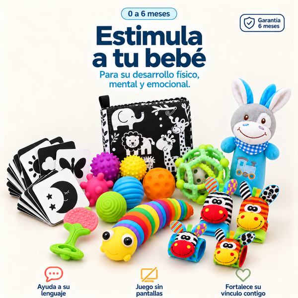 Box Estimulación Sensorial Etapa 0 a 6 Meses: 8 juguetes estimulantes; jugar juntos ayuda a su lenguaje, es juego sin pantallas y fortalece su vínculo contigo