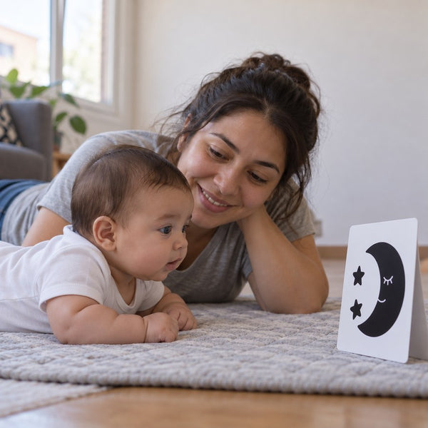 Bebé boca abajo, despierto, con su mamá, mirando una tarjeta de contraste