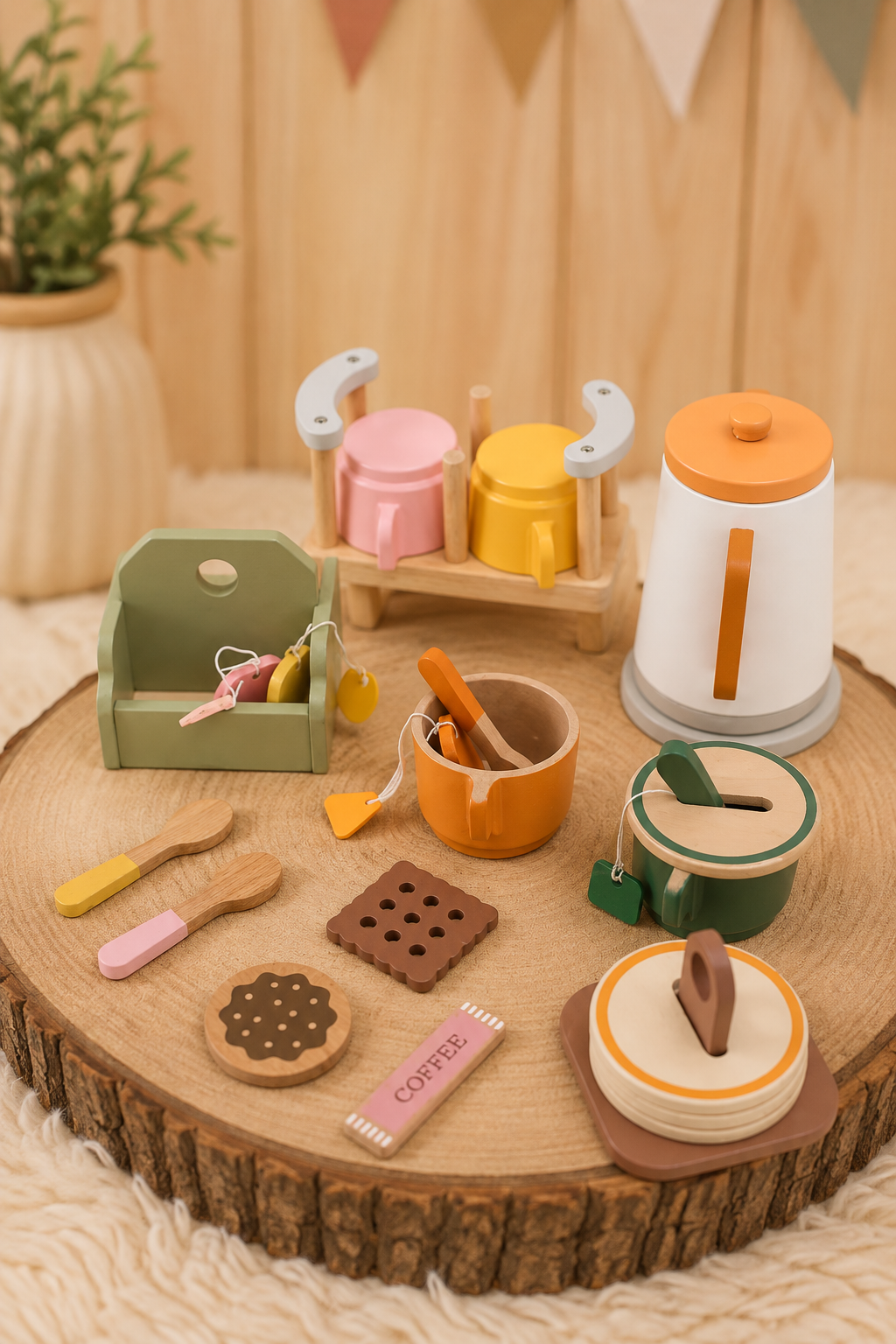 Juego de Tazas y Hervidor de Madera