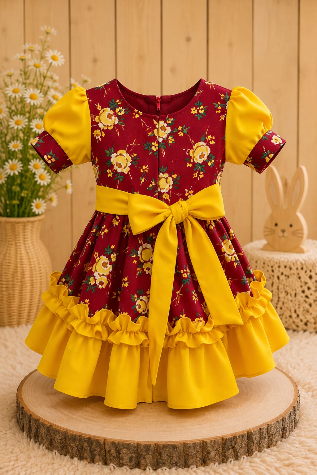 Vestido Huasita Chinita Lazo Amarillo & Burdeo