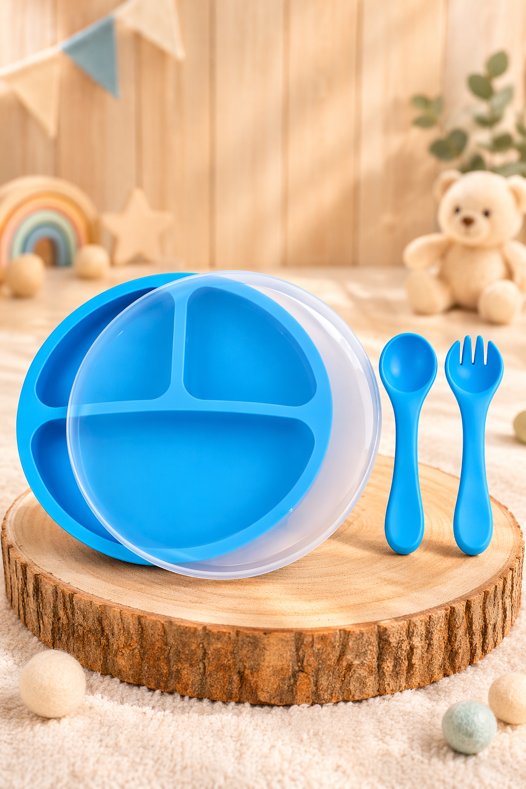 Plato de Silicona + Cubiertos + Tapa "Colección Boreal"