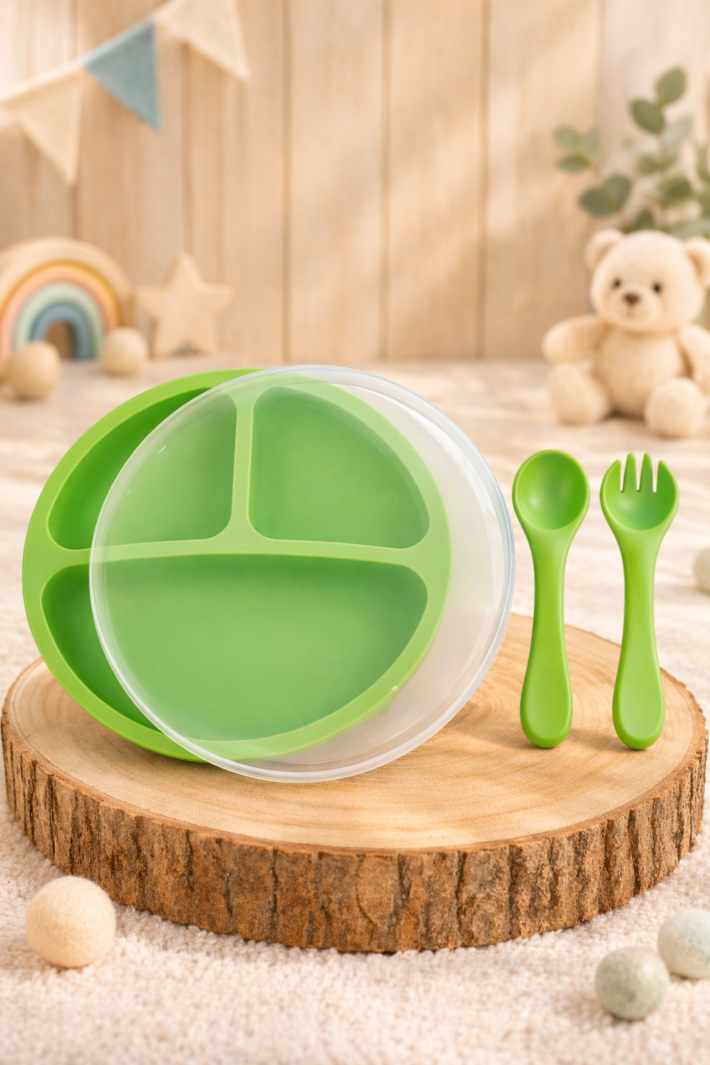 Plato de Silicona + Cubiertos + Tapa "Colección Boreal"