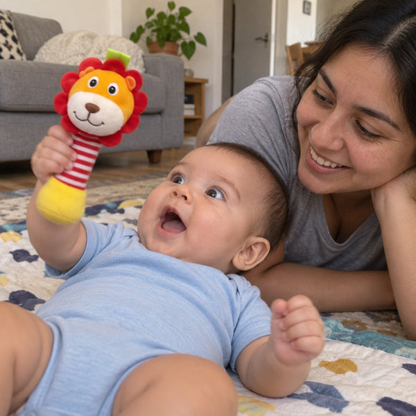 Bebé boca arriba agita el sonajero de león y se sorprende al oírlo, con su mamá al lado