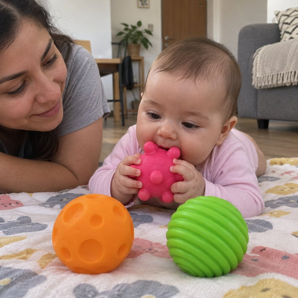 Bebé boca abajo toca y se lleva a la boca una pelota con texturas, con su mamá al lado